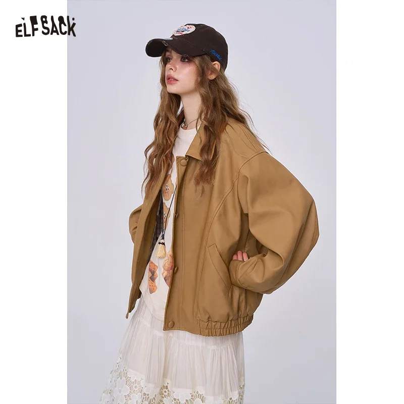 ELFSACK Women's Vintage Oversized Faux Leather Jacket with Embroidery, Lapel Collar Casual Outerwear for Autumn Daily Outfit