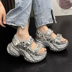 Summer Fashion Bling Thick Sole Sneakers Women Comfortable High Platform 8cm Sports Sandals Korean all match Outdoor Beach Shoes