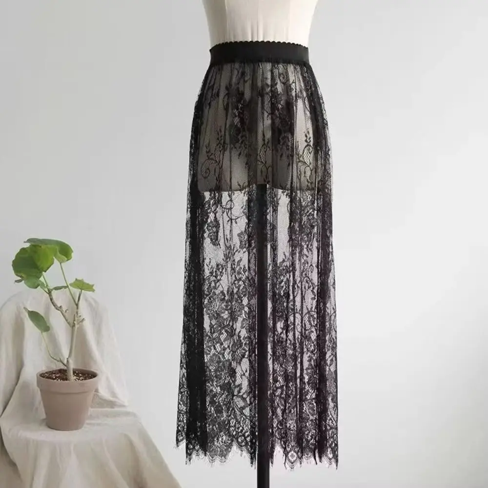 

Elegant Thin Ice Silk Long Skirt High Waist Elastic Mesh Flower Midi Skirt Pure Color Lace Underskirt Women