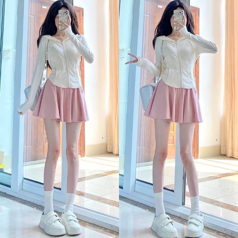 กระโปรงพลีทสีขาวโดปามีน ผู้หญิง ฤดูร้อนใหม่ เอวสูง กระชับสัดส่วน นักเรียน ผ้าไหมน้ำแข็ง JK กันแสง กระโปรงครึ่งท่อน