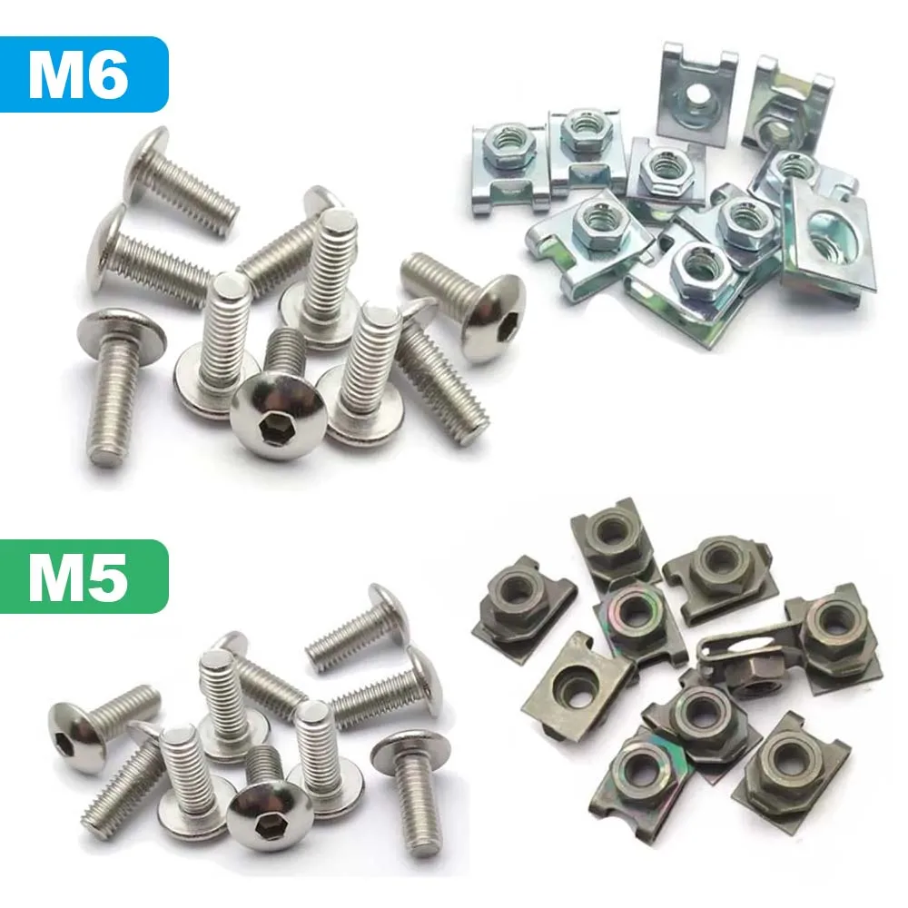 10 Set M6 M5 Plastic Cover Silver Stainless Steel Screw Bolt and U Type Clips with Nut 6mm 5mm for Motorcycle Scooter ATV Moped