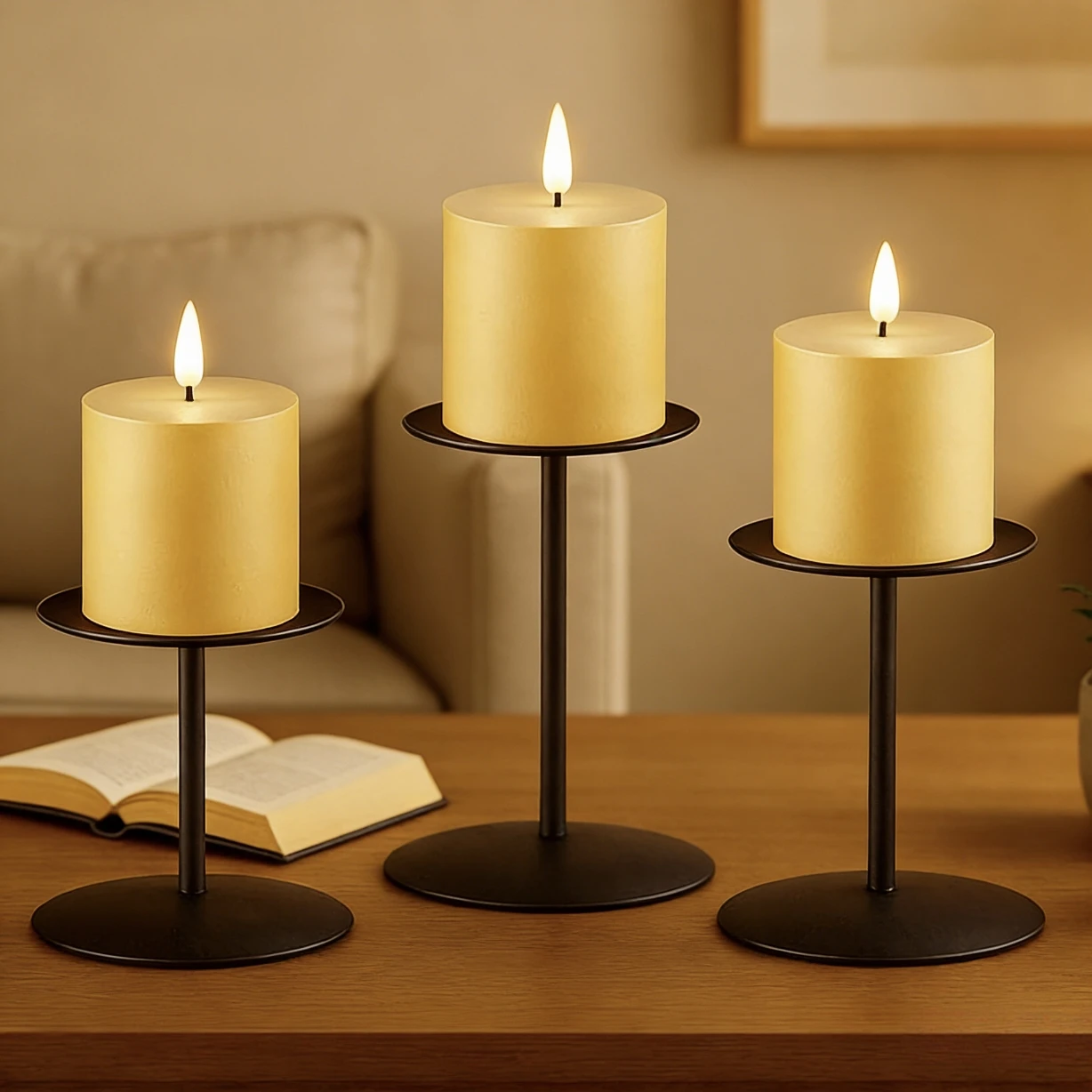 Set of 3 Minimalist Metal Pillar Candle Holders Gold Black Tapered Height Candle Stands for Home