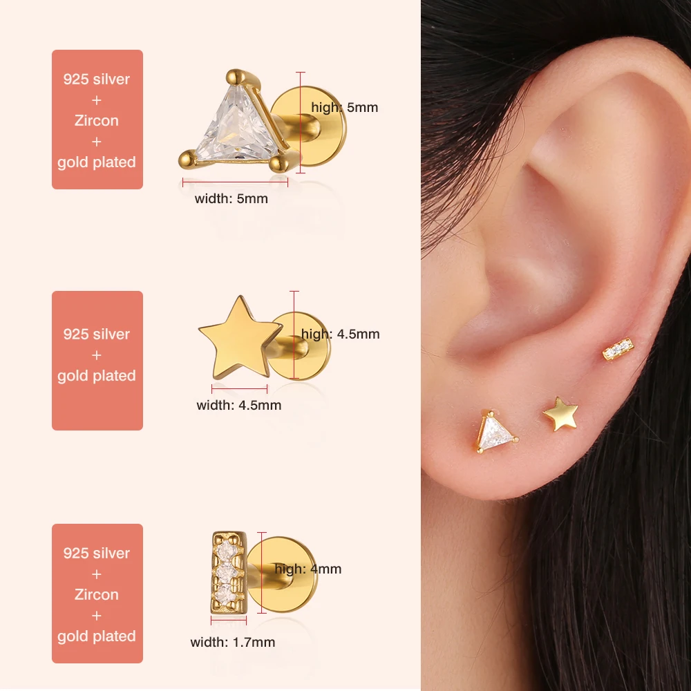 1PC S925 Multi Size CZ Blue Eye Stud Earrings for Women Ear Piercing Screw Stud Earring Pendiente Gold Plated Jewelry