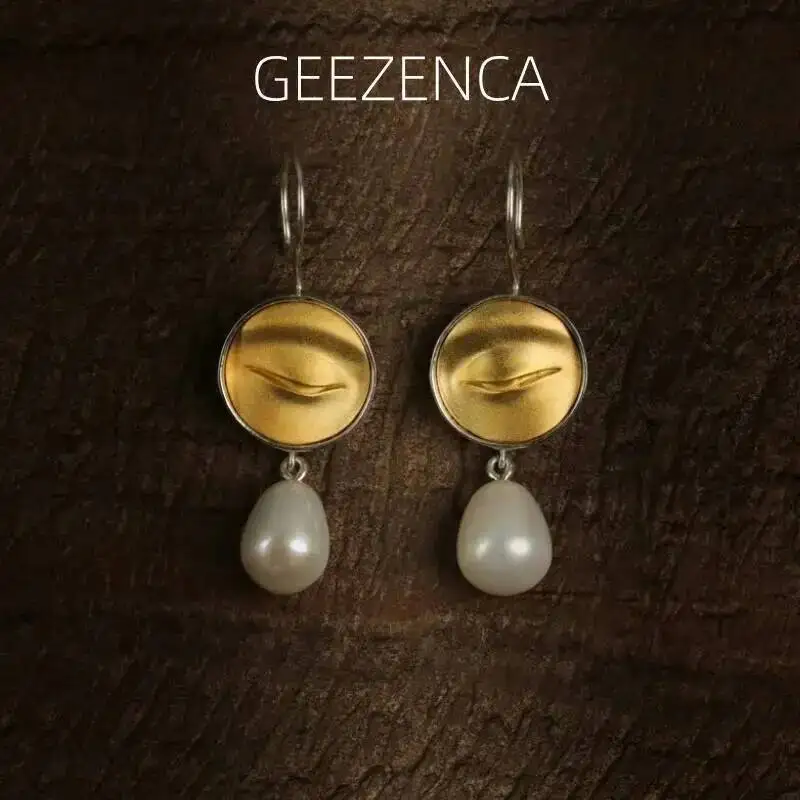 

GEEZENCA, серебро 925, двухцветные висячие серьги с натуральным жемчугом для женщин, статуи Будды, глаза Бодхисаттвы, уникальные шикарные серьги, новый подарок