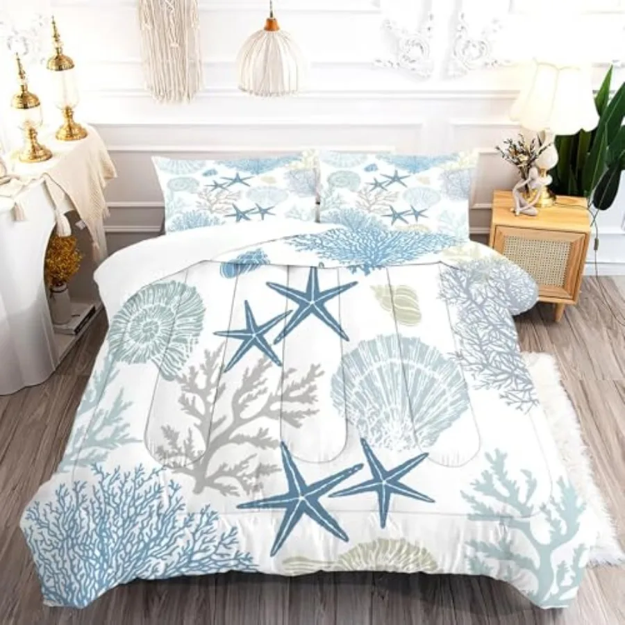 

Coastal Theme Comforter Set for Teens Men Women, Size Nautical Bedding Sets Shell Starfish Coral Cute Quilt Bedroom Decor 1 Com