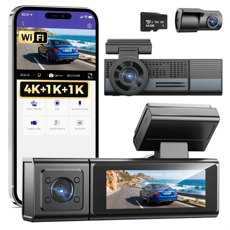 3 Channel 4K 64GB Card Night Vision Camara Para Automovil Built-in Wifi Smart Voice Control Car Dash Cam