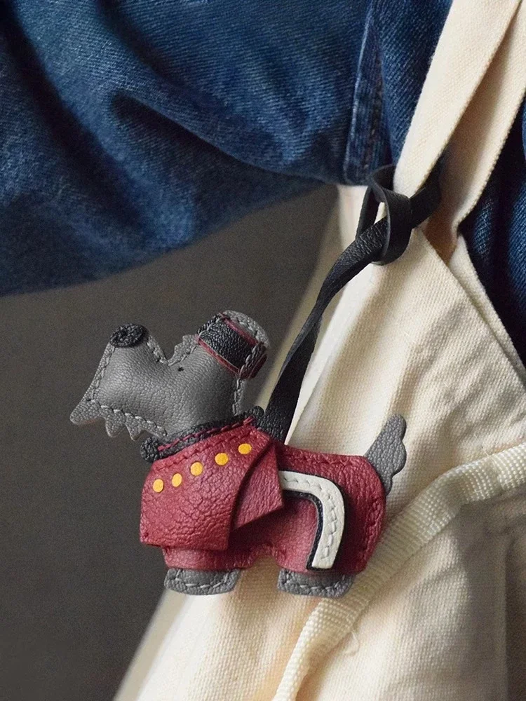 Vintage British Style Cute Dog Real Sheepskin Genuine Leather Keychain, Car Accessories, Bag Charm, Rearview Mirror Hanging Orna