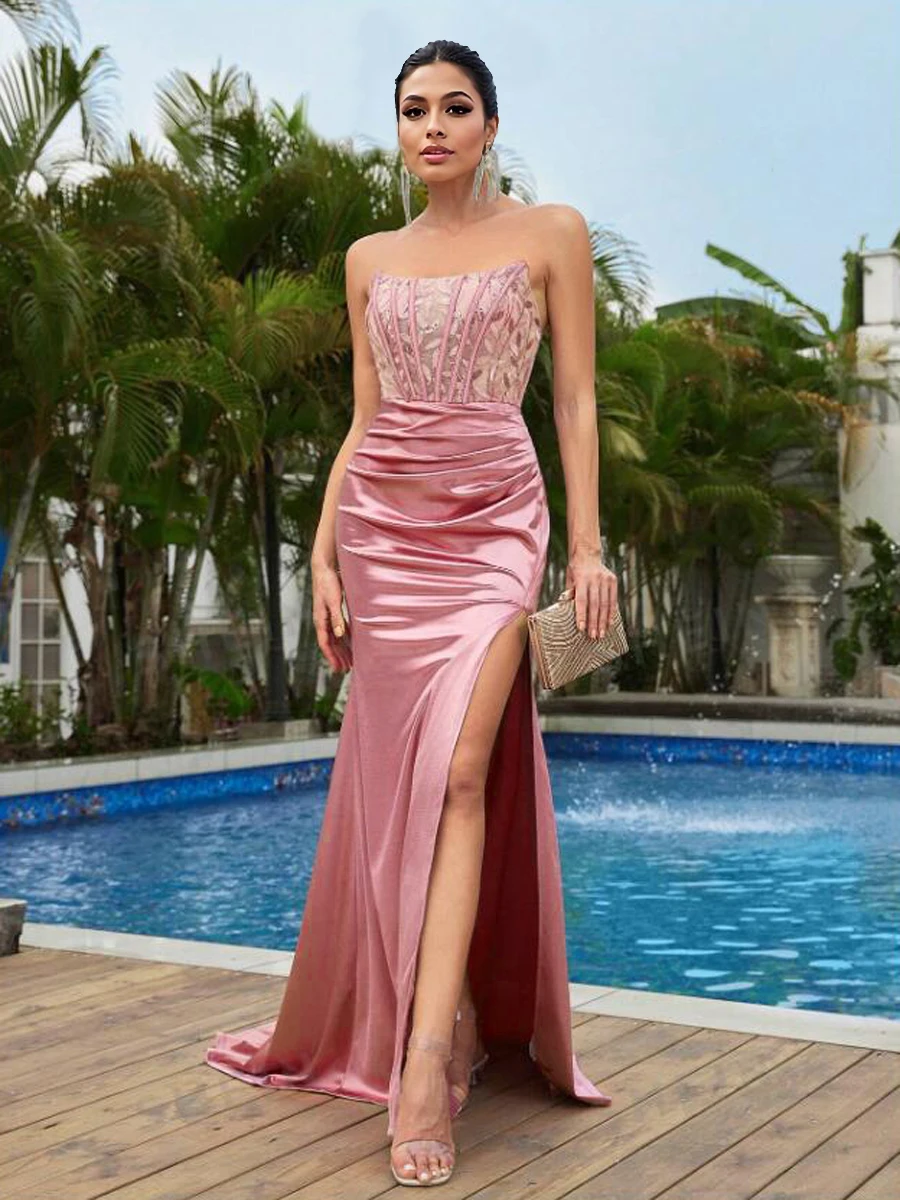 

Exquisite Strapless Lace Up Evening Dress Cocktail Party Sleeveless Slit Pleated Sexy Backless Stretch Satin Special Event 2024