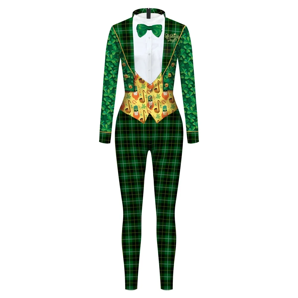 St. Patrick's Day Herren-Overall, grüner Party-Body, Kleeblatt-Muster, dünner Catsuit, 3D-Druck, Festival, Zentai-Anzug, Erwachsenen-Outfit