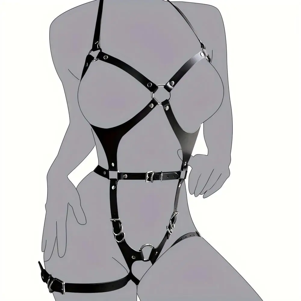 Damska moda, uprząż na ciało, uprząż z ekoskóry, regulowana, zdobiona ćwiekami, pas na udo, uprząż do bondage.