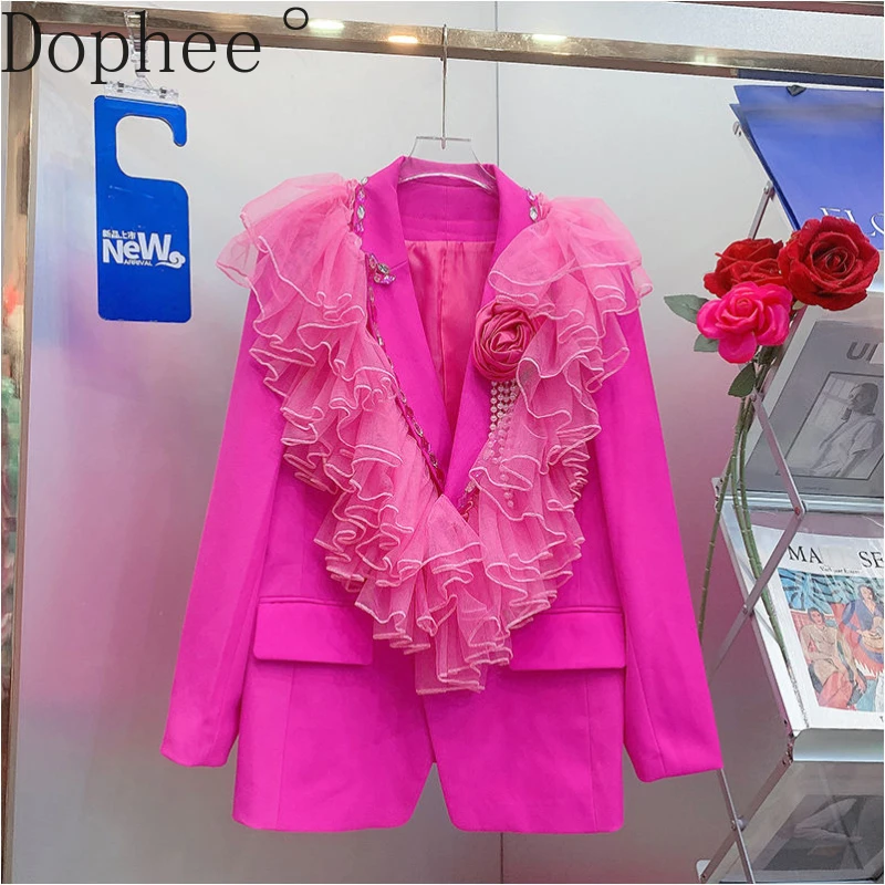 

Original Design New Spring Autumn Women Blazers Loose Jacket Heavy Diamonds Beads Cute Mesh Splicing Long Sleeve Suits Coat