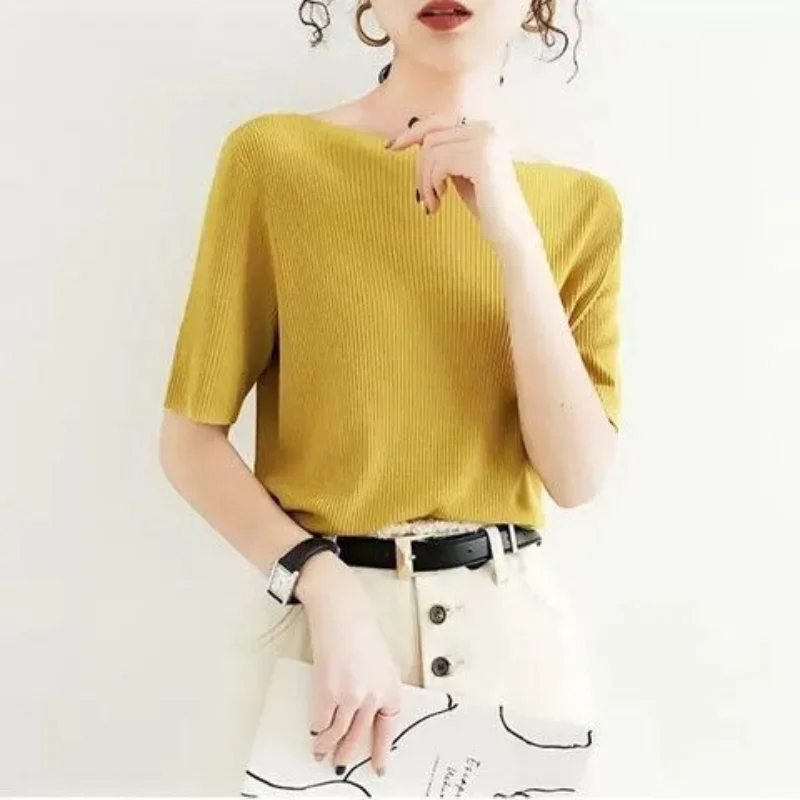 Korean Fashion Women One Line Neck Knitted T-shirt Summer New Half Sleeve All-match Basic Bottoming Pullover Solid Casual Tops