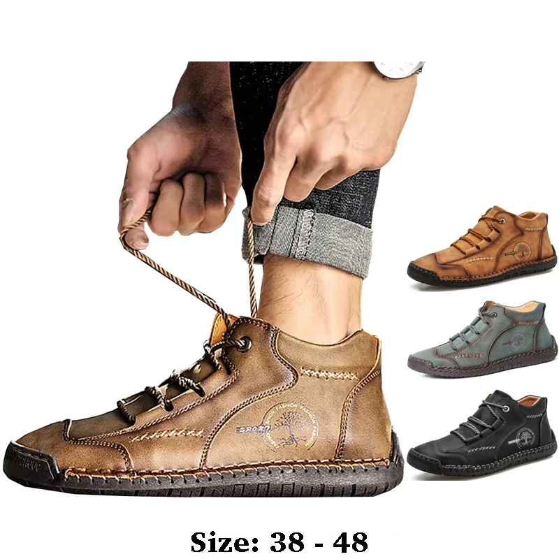 

Высококачественные повседневные кожаные ботинки для мужчин ручной работы, удобные новые осенне-зимние ботинки 2025 года, размер 47 48, плюшевые теплые прогулочные туфли - коричневые