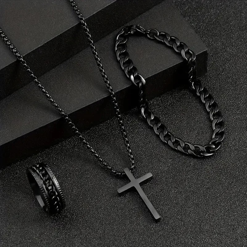 Punk Cross Pendant Necklace Bracelet Chain Ring Men's Set Simple Personality Hip Hop Party Three Piece Jewelry Accessories