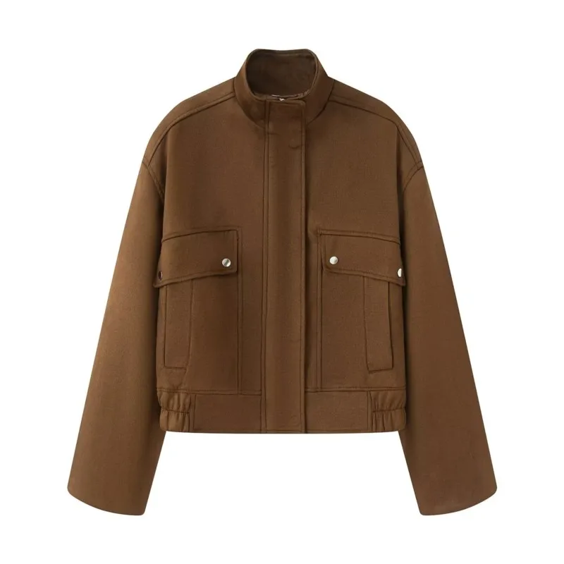 

Women Suede Fabric Jacket With Zipper Casual Leisure MHigh Neck otorcycle Jacket 2025 Autumn New Chic Pocket Female Jackets