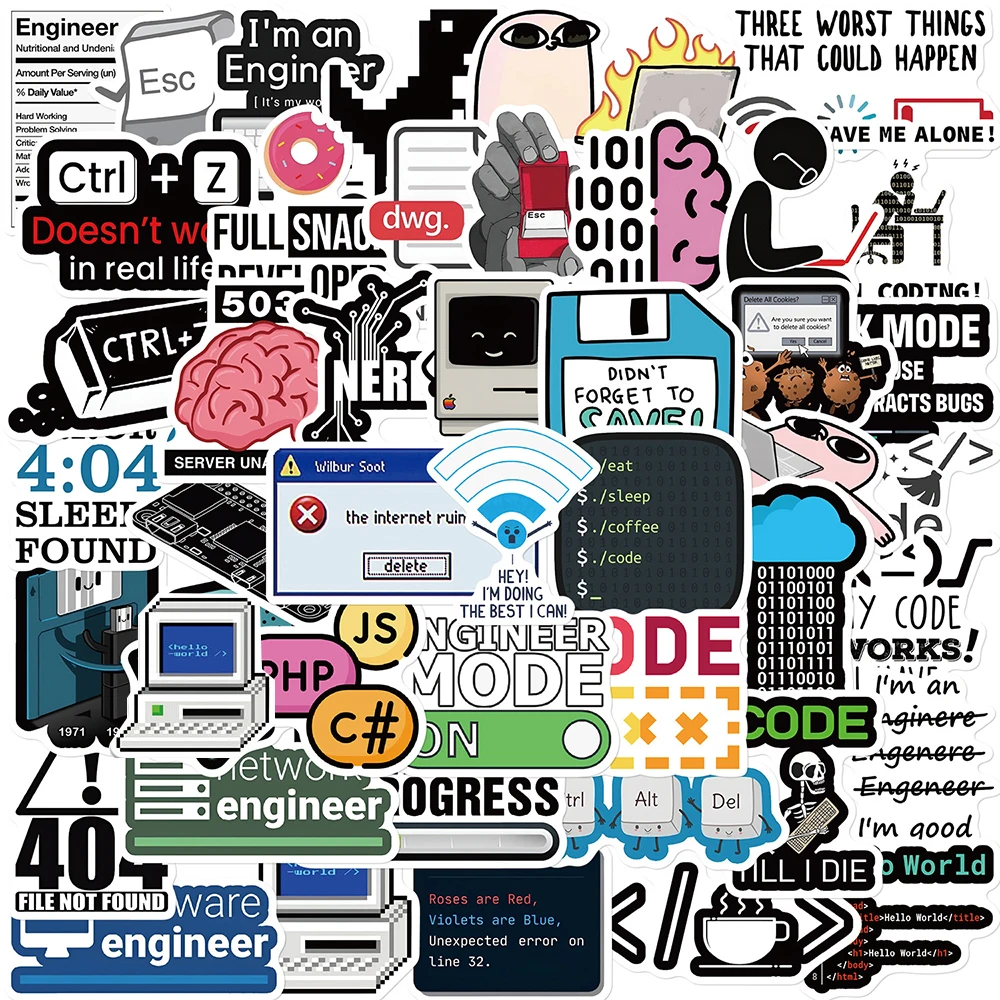 

10/30/50pcs Programming Funny Meme 404 Network Error Stickers Html Java JS Php Docker Cartoon Decals for Luggage Phone Notebook