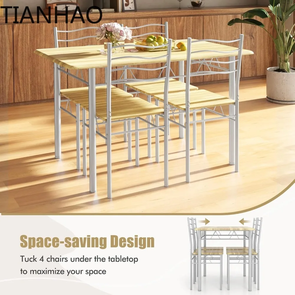 47-inches Dining Table Set for 4, Rectangular Kitchen Table with 4 Dining Chairs, Metal Frame, 5-Piece Space-Saving Dinette