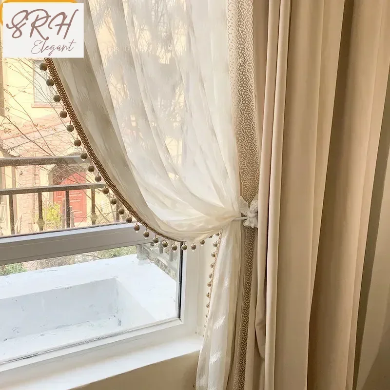 French Light Luxury Blackout Velvet Beautiful Romantic Fairy Milk Tea Color Lace Curtain Curtains For Living Dining Room Bedroom