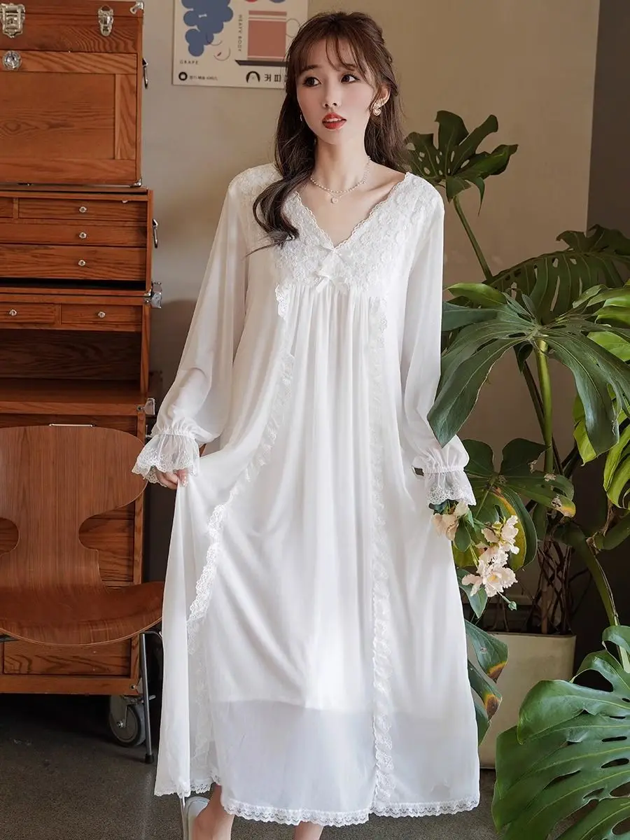 Spring Autumn Night Gown Sweet Dress French Pajama Women Embroidery Lace Long Sleeve Nightgown Loungewear Mesh Dresses Underwear