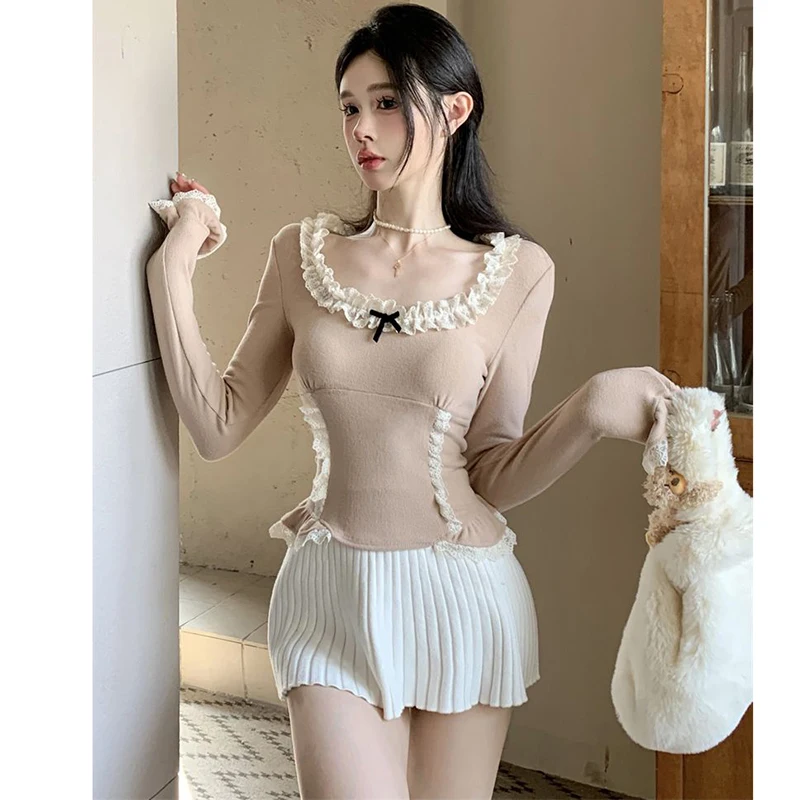 Camiseta de punto con cuello cuadrado de encaje para mujer, camisa de manga larga coreana ajustada, Tops con botones suaves, novedad de Primavera de 2026