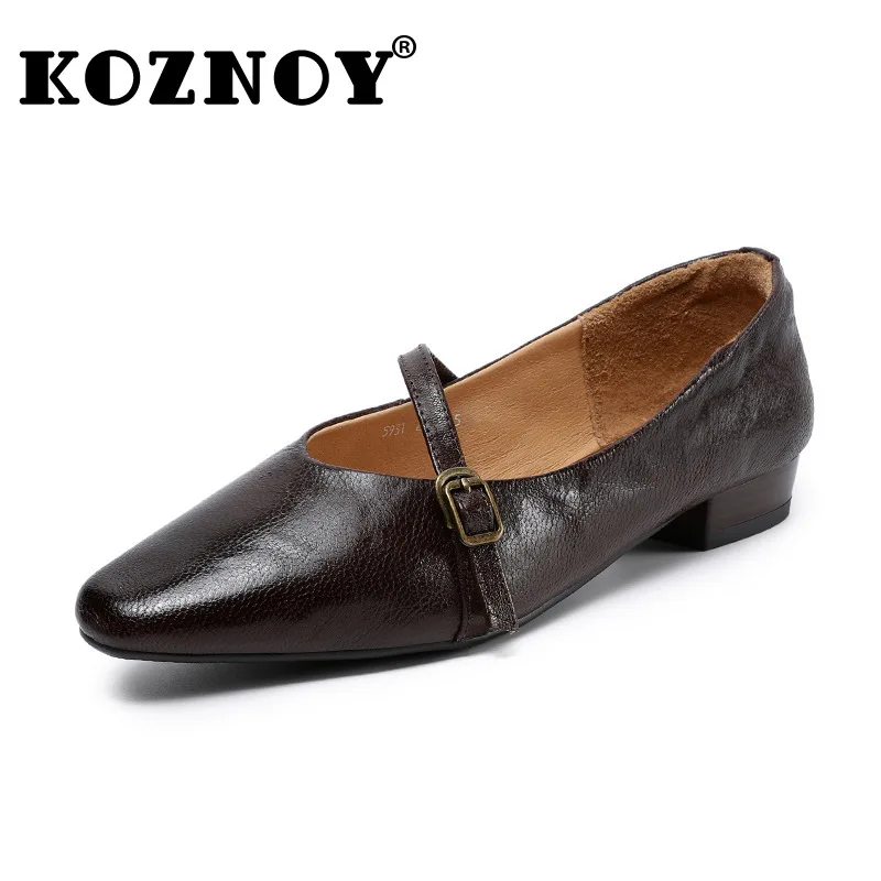 

Koznoy 2cm Sheepskin Leather Point Toe Flats Slip on Buckle Leisure Shallow Summer Moccasins Women Soft Soled Rubber Shoes