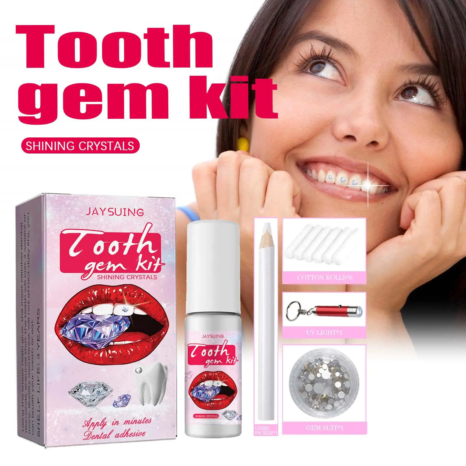 Tooth Gem Set White Rhinestone DIY Dental Jewelry Beautiful Easy To Remove Install Sturdy Gems With Curing Light And Glue