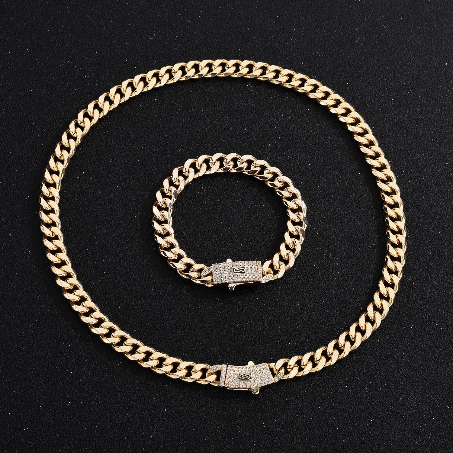 AAA CZ Suitable for Men's Hip Hop Cuban Necklace Copper Material Women's Punk Curb Chain Bracelet Gold Vintage