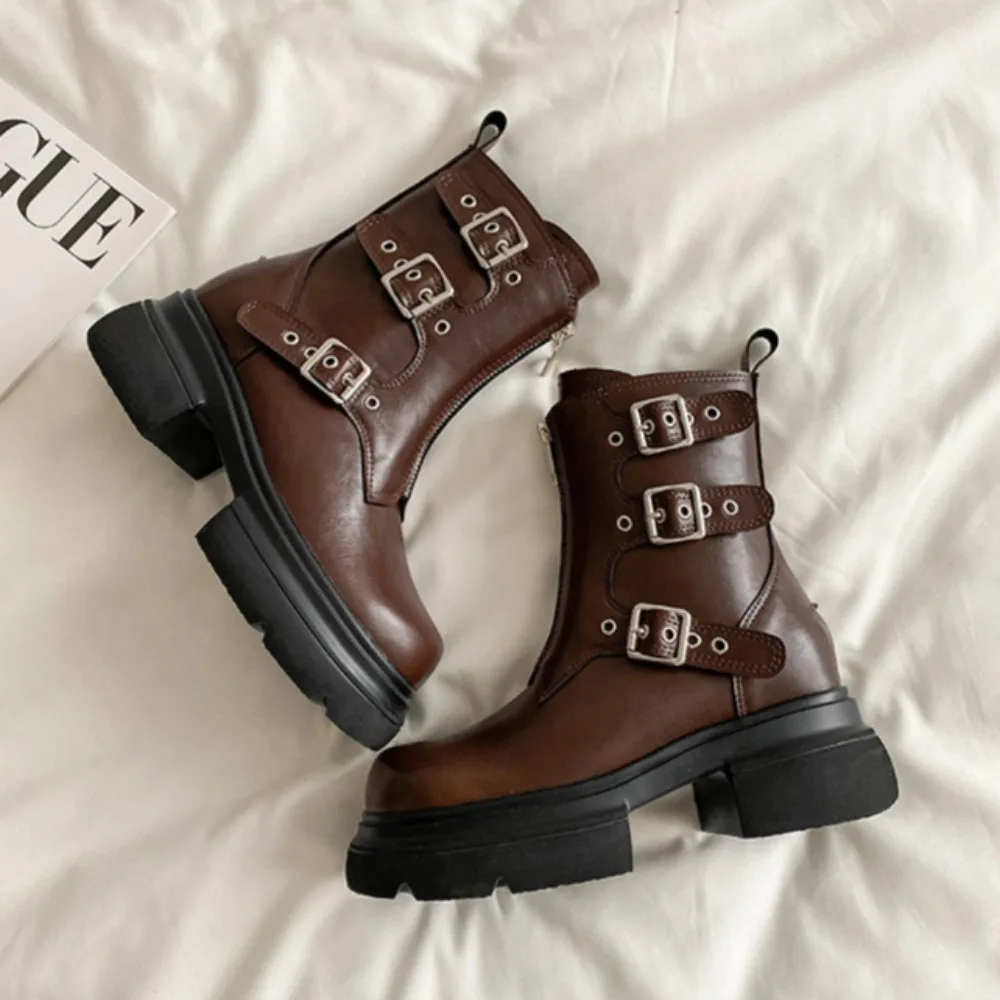 

Platform Boots Internal Height Increasing Short Boots Womens Shoes Spring Autumn Single Boot British Style Motorcycle Boots