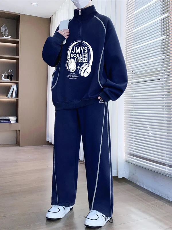 

Повседневный спортивный костюм с худи на молнии и брюками для мужчин: модный осенний комплект из двух предметов с воротником-стойкой, хлопок/полиэстер