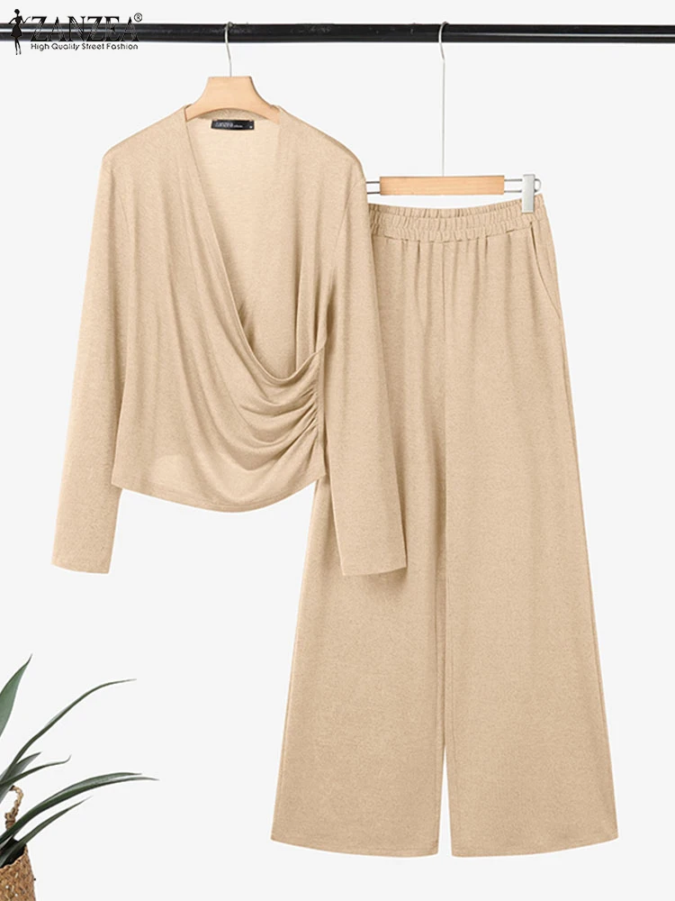 2025 ZANZEA Autumn Knitted Outfits Winter Women 2 Piece Sets Stylish V Neck Long Sleeve Tops Pant Sets Casual Tracksuit Street