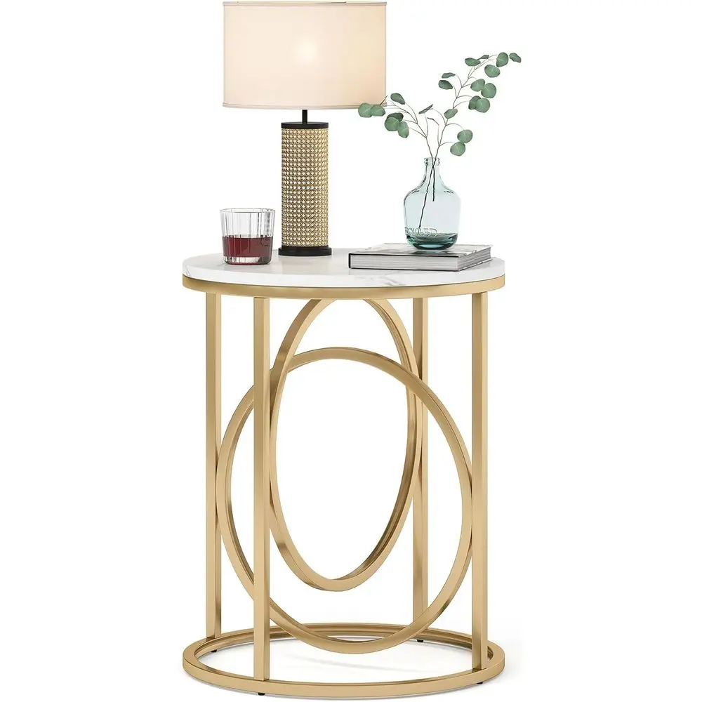 Round 20 Marble White Cocktail Table with Gold O-Shaped Base for Accent, Nightstand, or Living Spaces