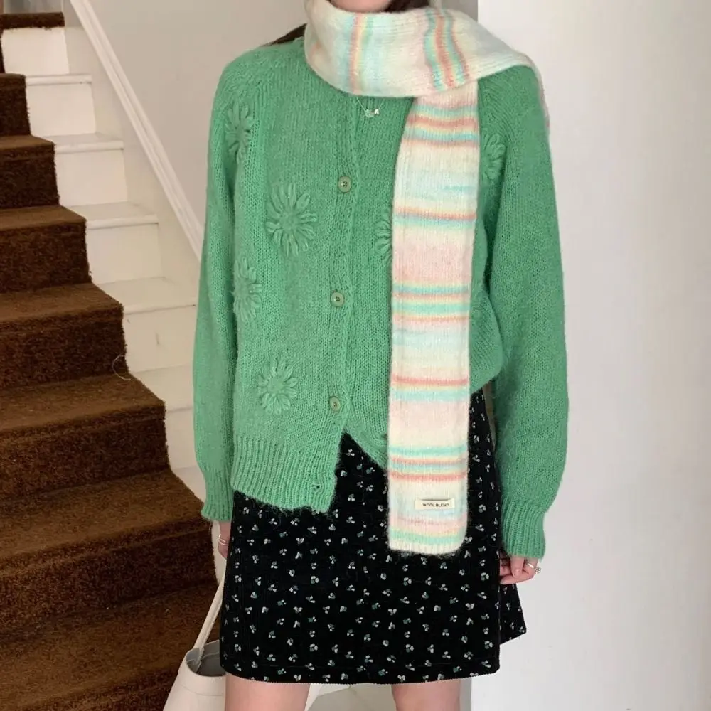 Soft Korean Style Rainbow Striped Scarf Plush Thickened Cashmere Knitted Scarf Windproof Neck Warmer Winter Shawl Autumn Winter