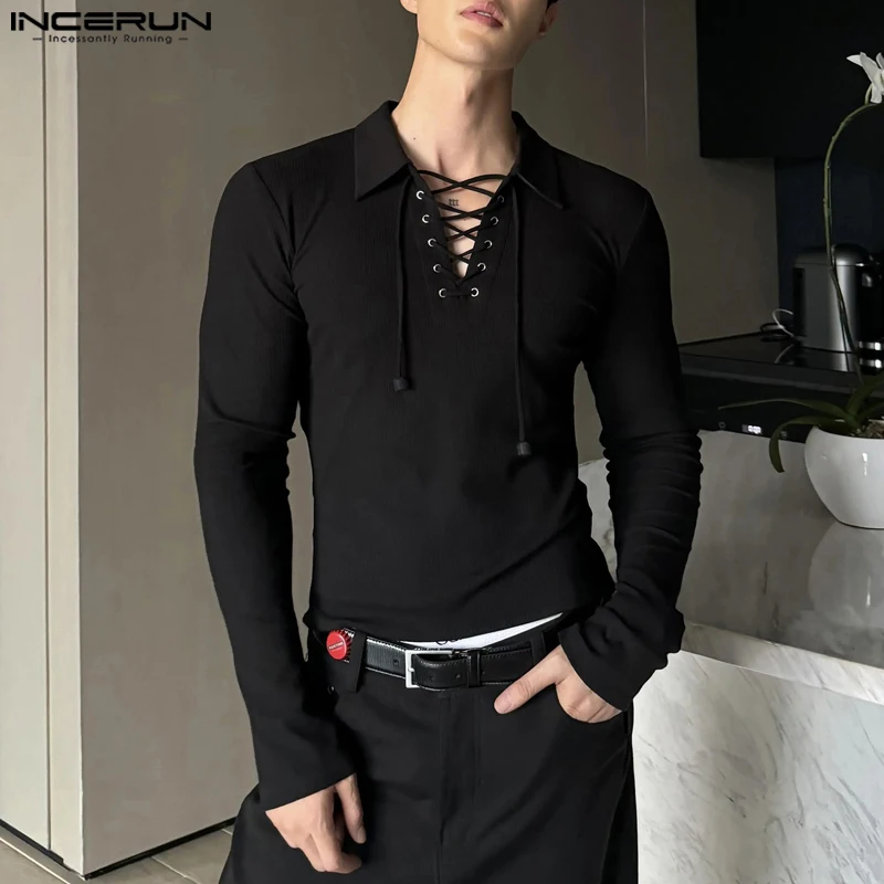 INCERUN 2024 Handsome Men\'s Mesh Drawstring Texture T-shirts Casual Personality Male Solid All-match Long Sleeved Camiseta S-5XL