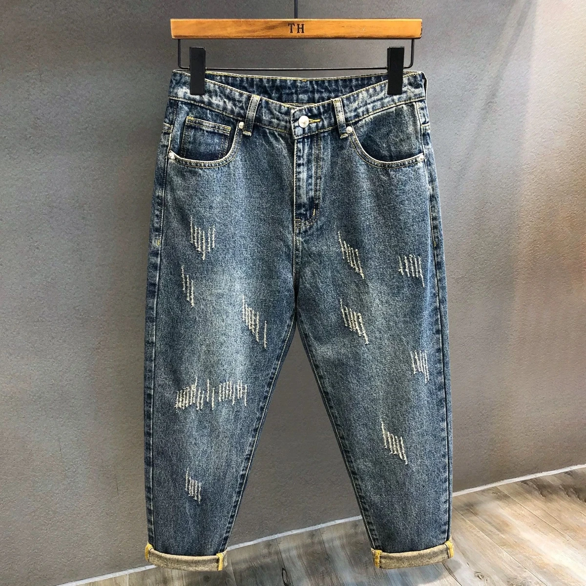 

Мужские джинсы Waed Blue, весна-осень, новые, свободного кроя, в стиле харлан, джинсы-бэггер, модные городские повседневные джинсы из денима