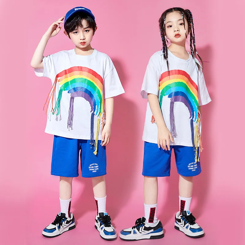 Summer Hip Hop Costume for Children White Rainbow Print T-shirt Top Blue Letter Print Shorts 2pcs Street Dance Suit for Girl Boy