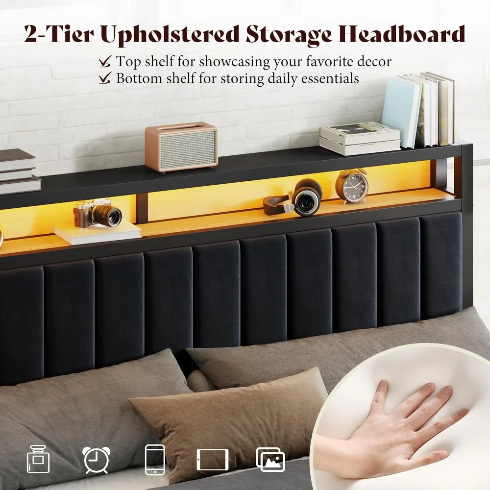 King Bed Frame with LED Light and 2 Storage Drawers, Metal Platform Bed with Storage Headboard, Velvet Upholstered,, Customized view 6