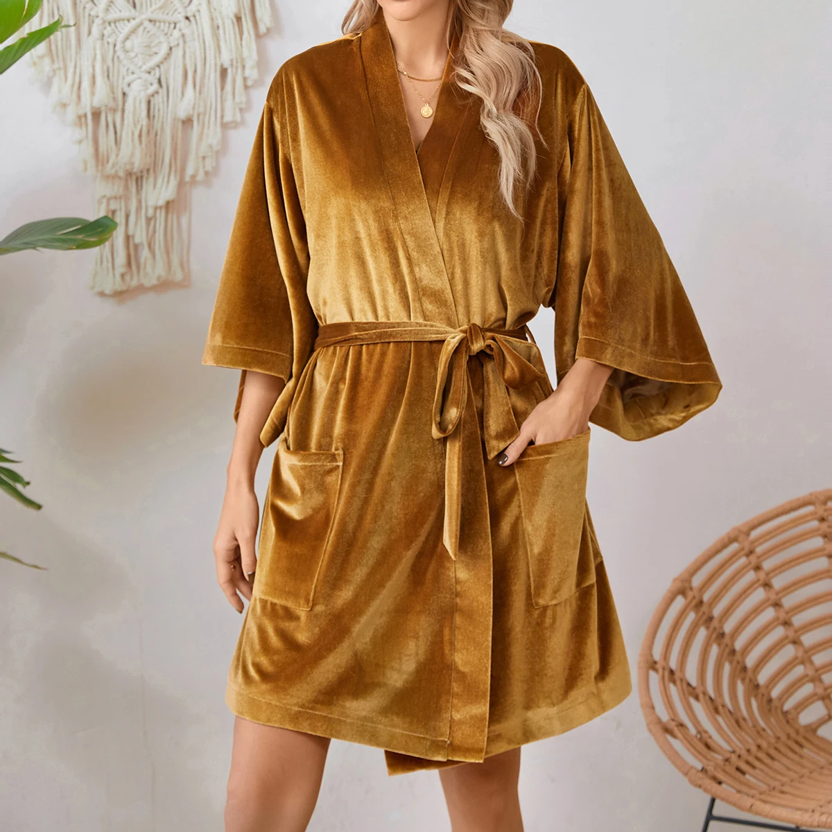 Graceful Female Silk Like Bathrobe Pure Color V Neck Nightgown Feather Wraps Lounge Wear Home Clothes Plus Size