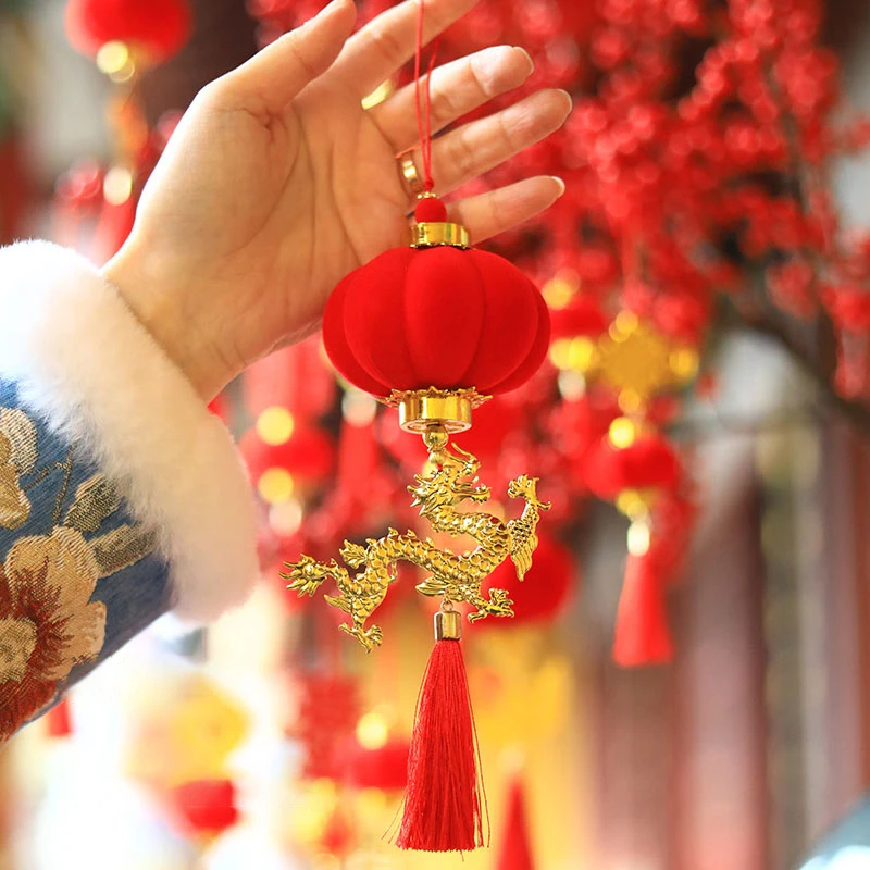 Chinese Traditional Style Lantern Pendant 2024 Year of the Dragon Red Tassle Hanging Decor Spring Festival Potted Plant Charms