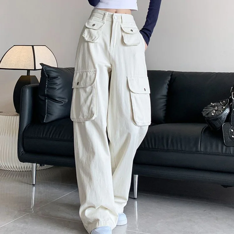 

Apricot Jeans Women American Pocket Loose Wide Leg Pants High Street Chic Button Zipper Cargo Pants Fashion Denim Trousers