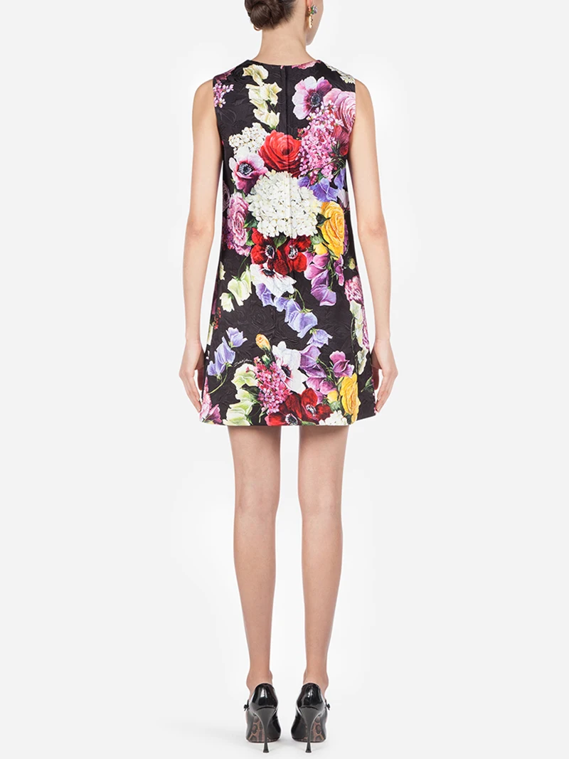 高級感のある女性用フラワー柄シースドレス、ラウンドネックノースリーブジャカードドレス