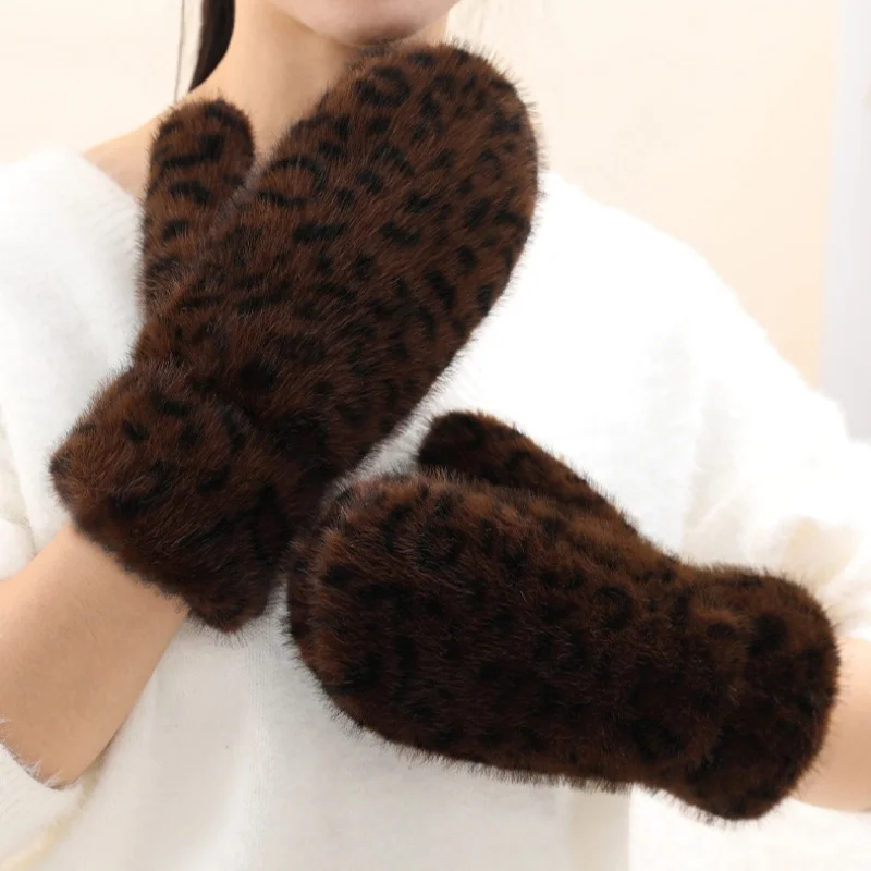 Winter Leopard Gloves Women Imitation Mink Fur Gloves Windproof Plush Thick Warm Plus Cashmere Gloves Soft Full Fingers Mittens