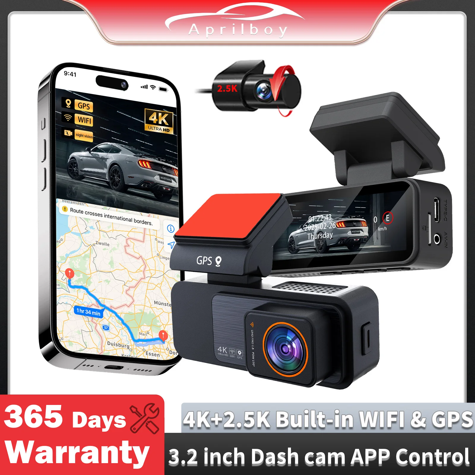 Aprilboy 3.2 inch Dash Cam Dual Lens 4K UHD Recording Car Camera DVR Night Vision Video Recorder Built-In WiFi GPS 24H Parking