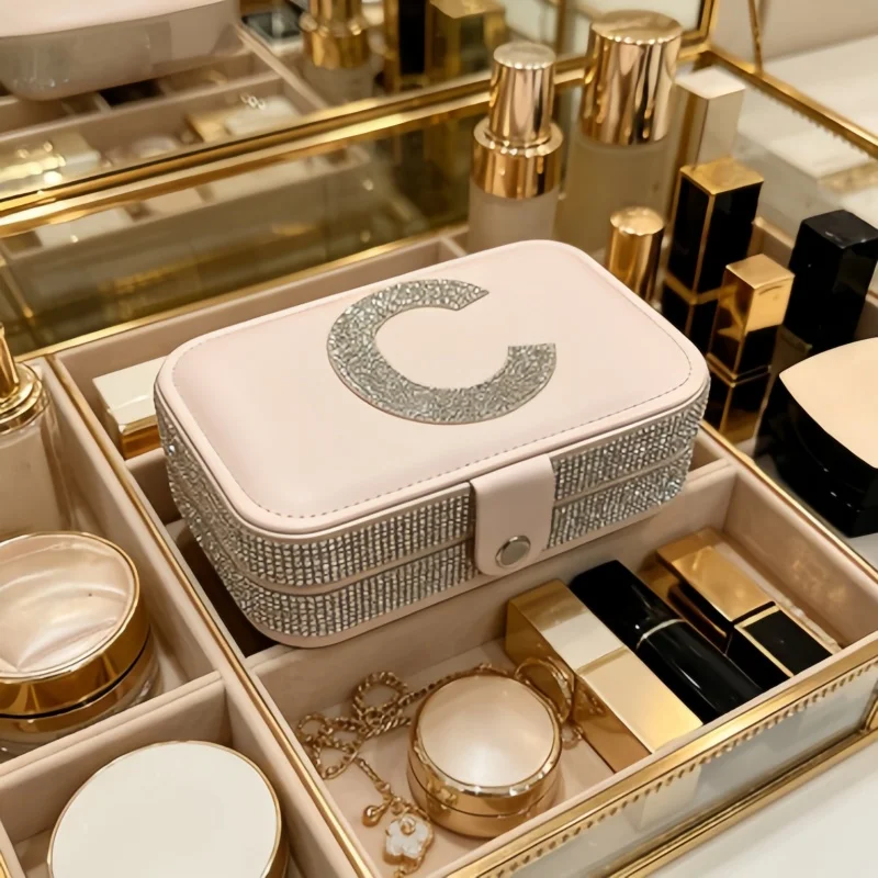 

2Pcs Rhinestone Letter C Jewelry Box, 1 Portable Travel Jewelry Storage Box + 1 Transparent Bracelet Storage Box