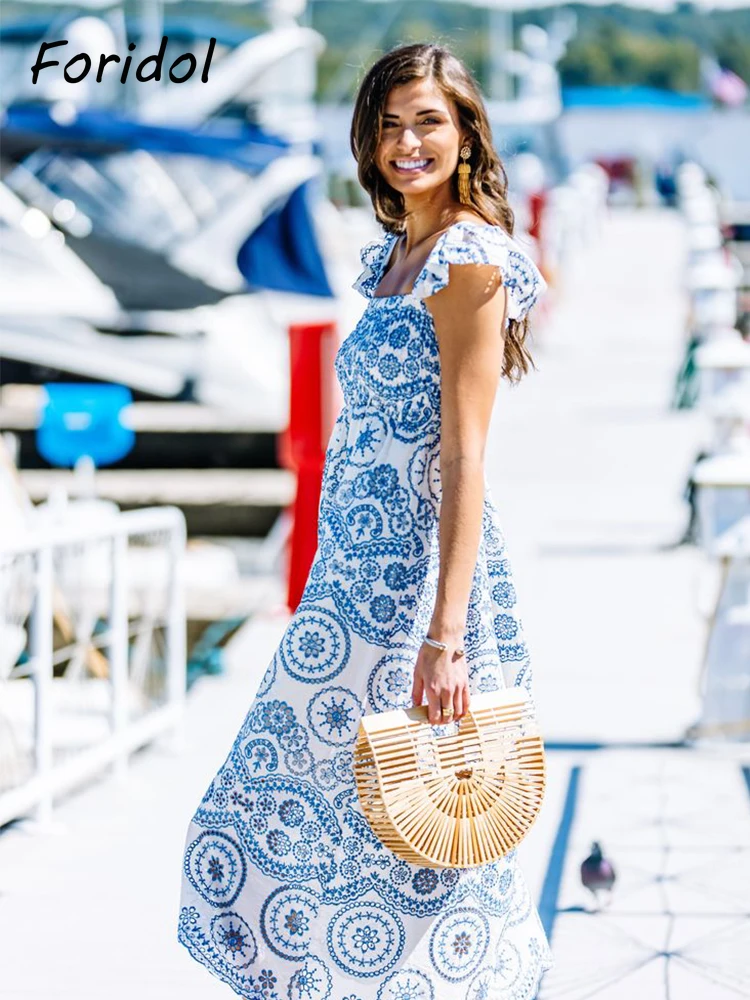 Blauwe Bloemen Embroidey Zomer Strandjurk Vrouwen Casual Vakantie Bohemian Jurk Boho Zomerjurk Maxi Lange Vestidos Mode Kleding