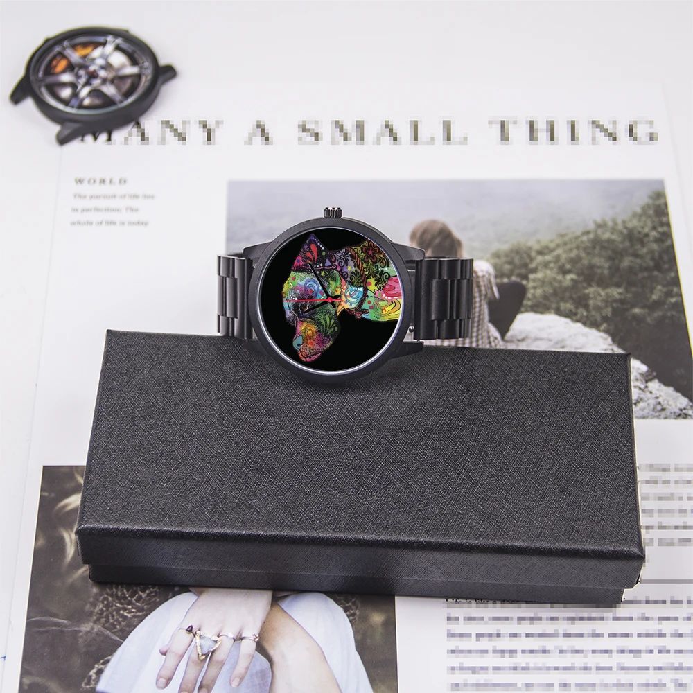 ساعة يد بتصميم كلب 45/38 ملم بمينا ذهبي وردي كوارتز للرجال والنساء مع حزام أسود ساعة فضية عالمية هدية تذكارية