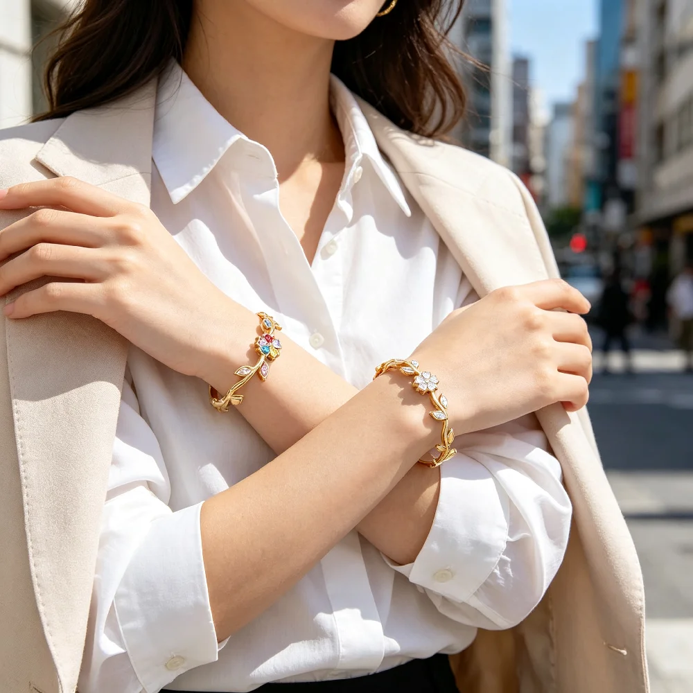 Greatera Brand Woman Stainless Steel Sakura Bangles Dainty Colorful Zircon Vine Bangle Party Classic Romantic Waterproof Jewelry