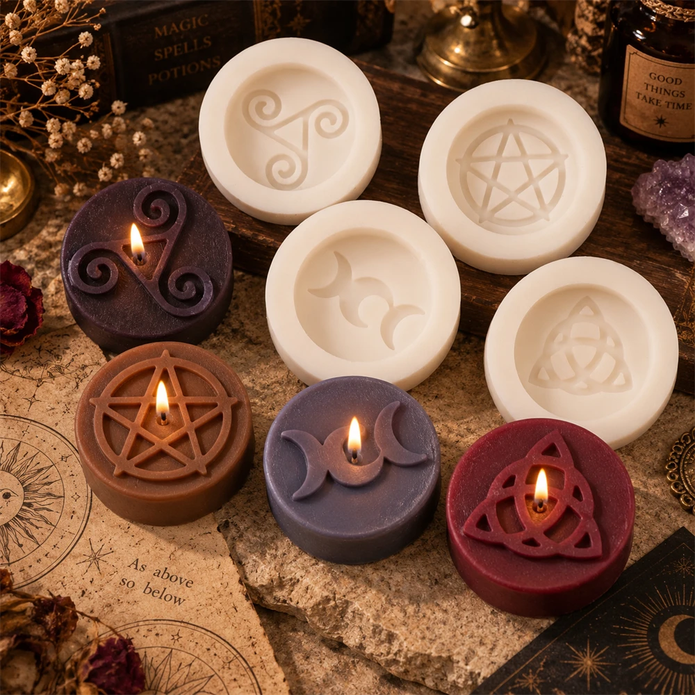 4Pcs Witchcraft Symbols Silicone Candle Molds Pentagram Triple Moon Triquetra Triskelion Mold for Wicca Pagan DIY Candle Making