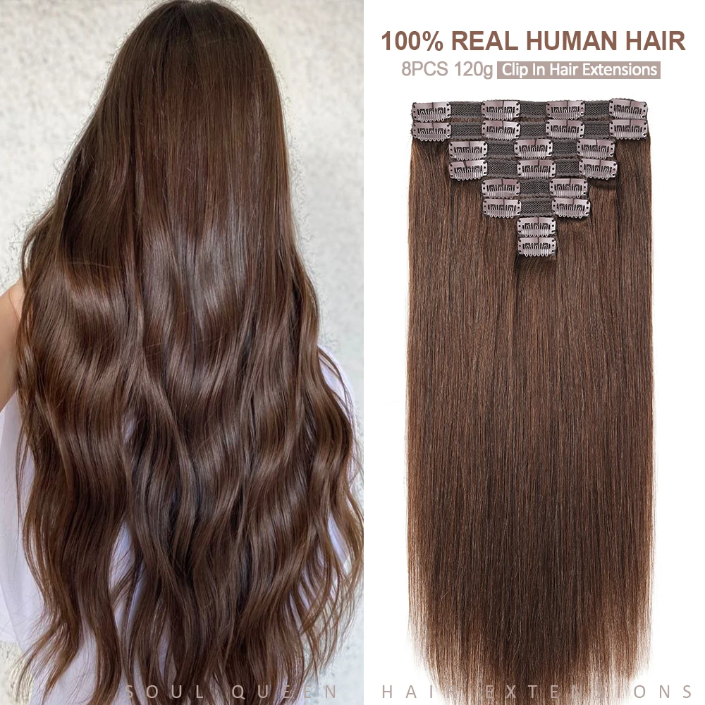 120g 8Pcs Clip In Hair Extension Human Hair Seemless Straight Brazilian Clip In Hair Extension Natural Hair Extensions for Girls