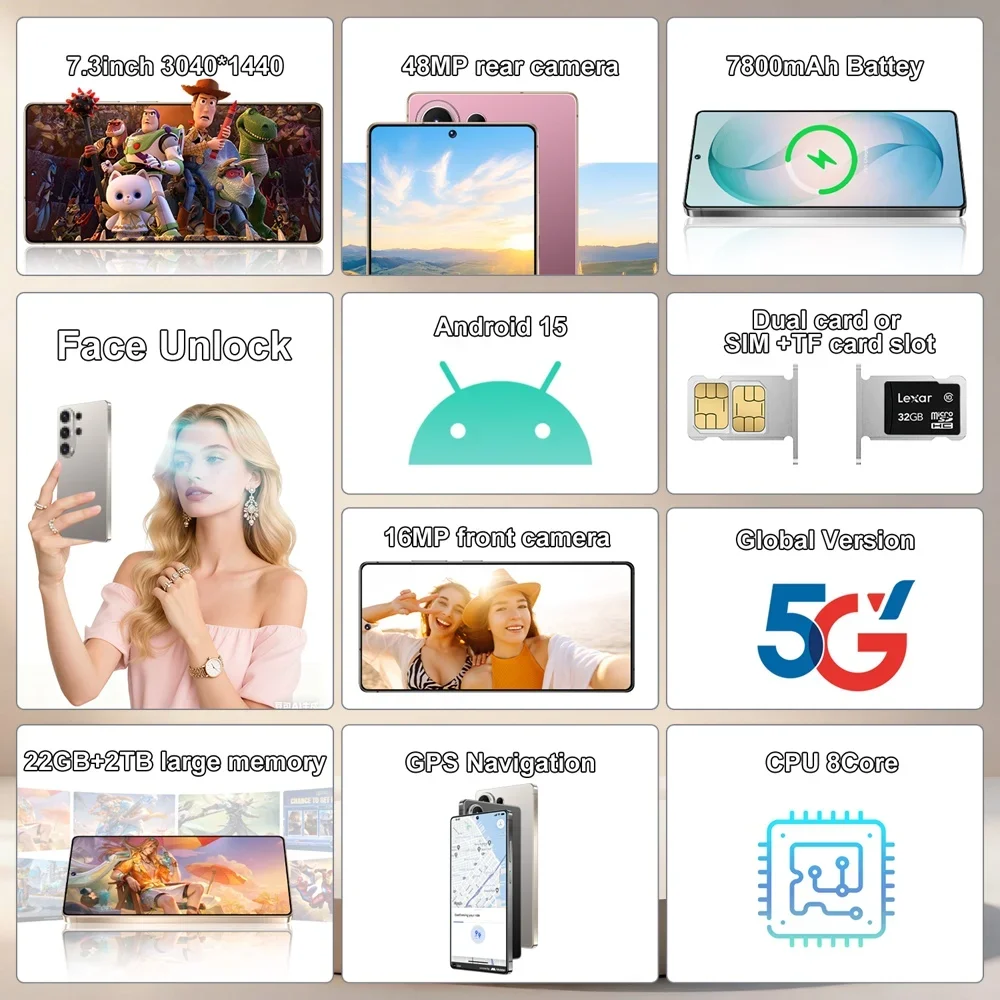 K-Touch Mobile Phones C27 Ultra 5G Dual Card Smartphone 7.3 Inch Android 15 Cell Phone 16+48MP Camera 7800mAh Face Unlocked WIFI GPS Cellphones For Men Women