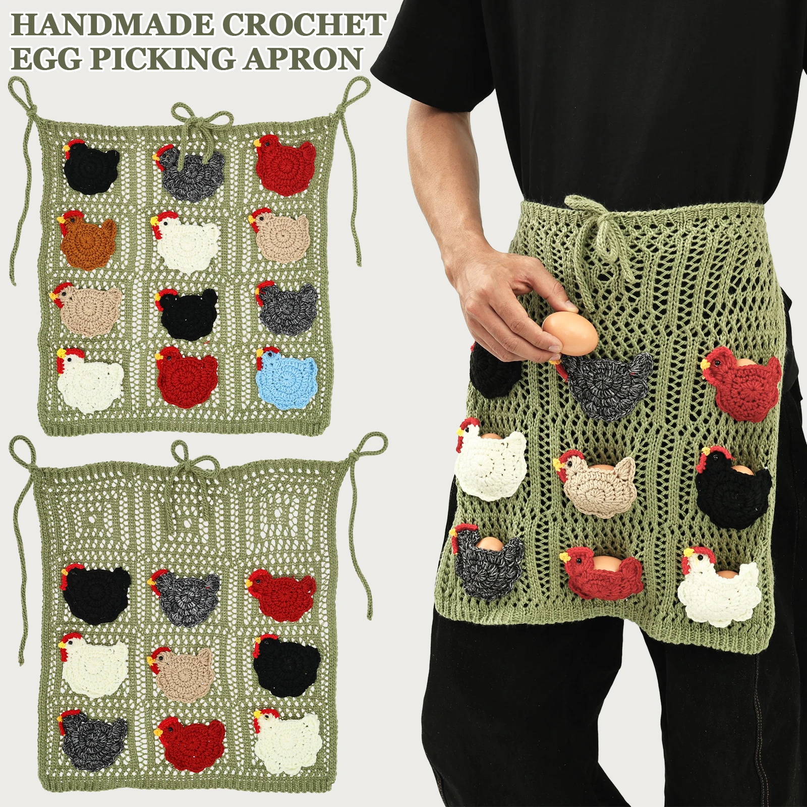 9/12 Pocket Crochet Egg Gathering Apron Handmade Egg Collecting Waist Apron with Adjustable Ties Cute Farm Apron for Gardening